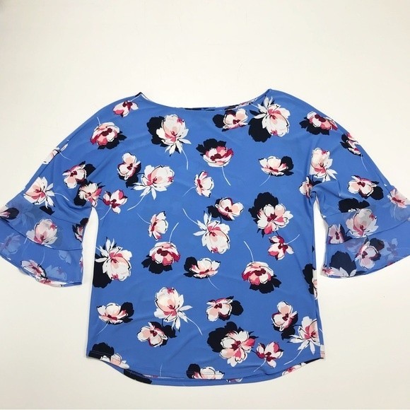 Roz & Ali Floral Flutter Sleeve Ruffle Bell Blue Pink Blouse Flowy Dressy Top XS - Picture 9 of 16